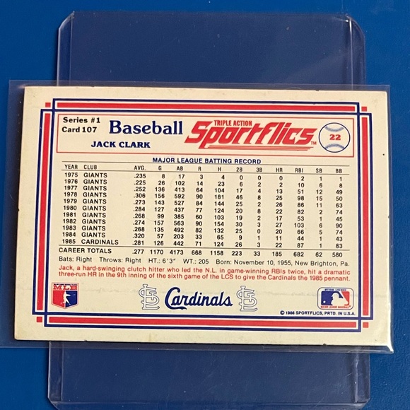 Jack Clark #107 1986 Sportflics Baseball Trading Card - Picture 2 of 2